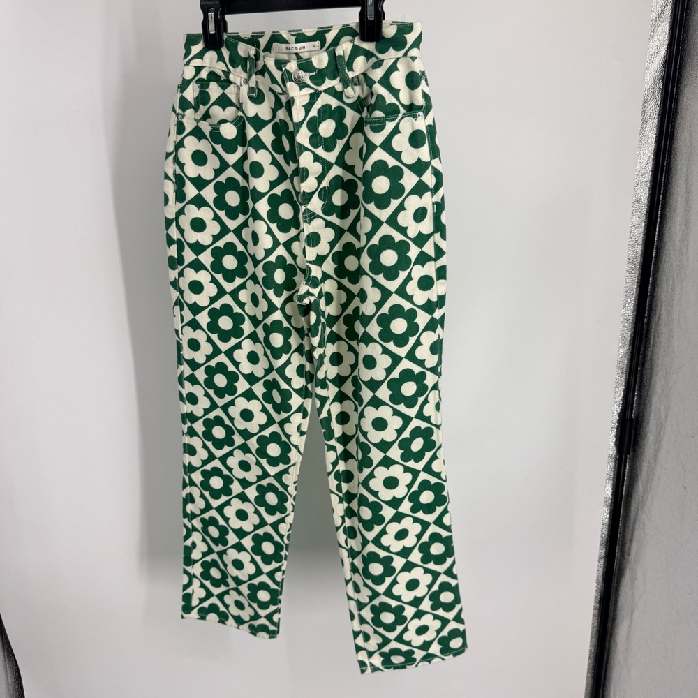 PacSun Womens High‎ Rise Straight Jeans Green White Checkered Floral Print 26